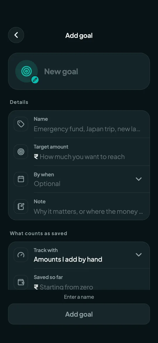 Overvue Add a goal screen: A name, a target, a date if you like, and how to count it.