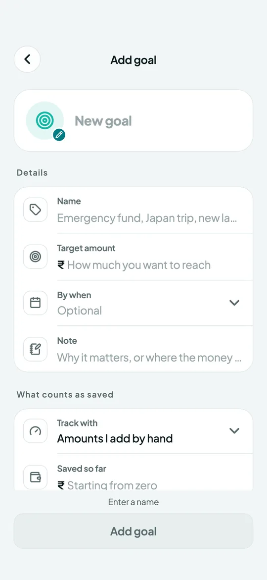 Overvue Add a goal screen: A name, a target, a date if you like, and how to count it.