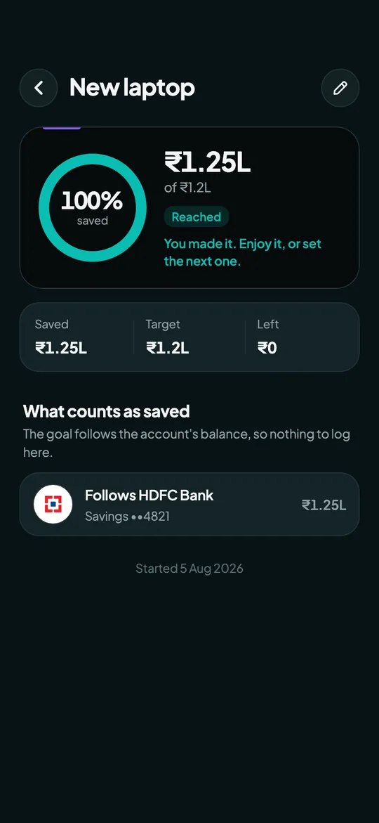 Overvue Follows an account screen: Link an account and its balance counts as saved.