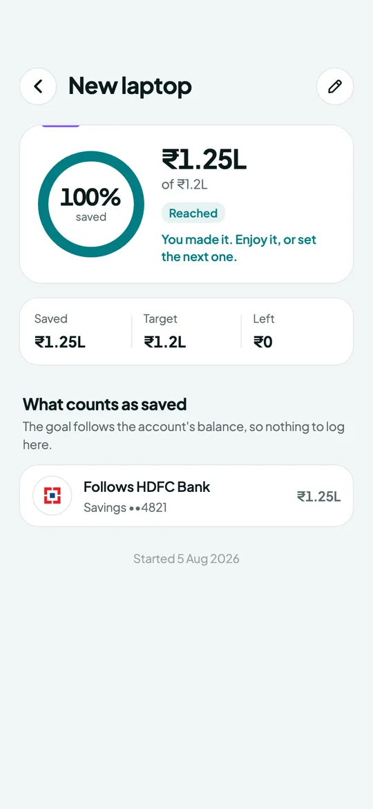 Overvue Follows an account screen: Link an account and its balance counts as saved.