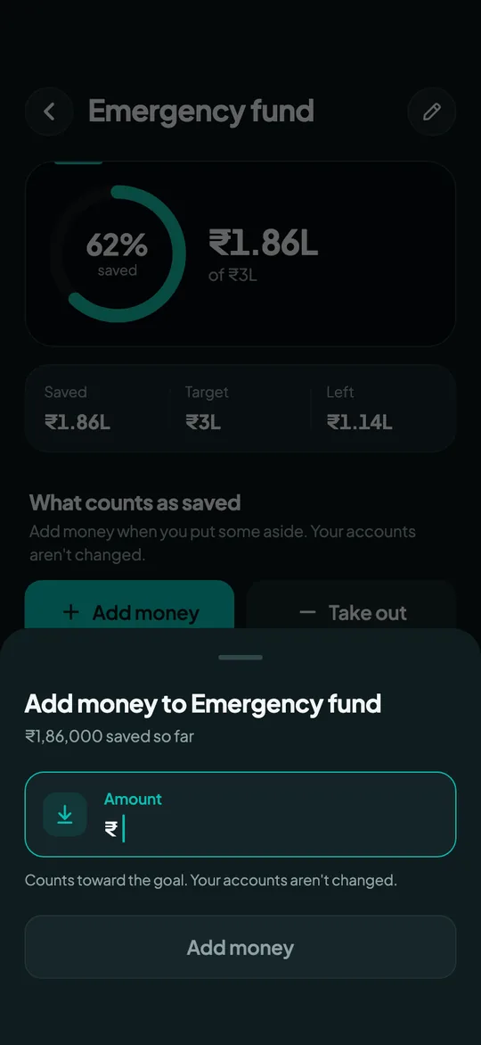 Overvue Add money screen: Log what you put aside; take it out if you need to.