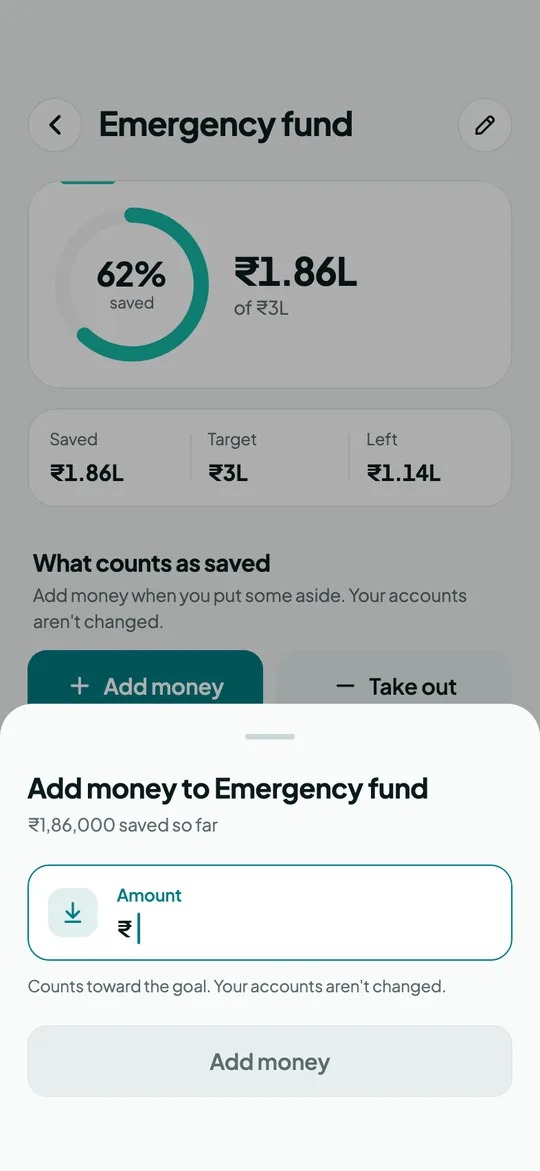 Overvue Add money screen: Log what you put aside; take it out if you need to.