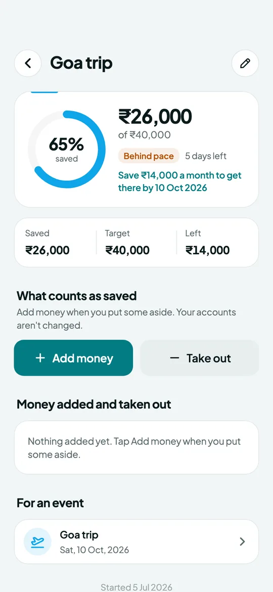 Overvue A dated goal screen: What to save a month, and whether you're on pace.